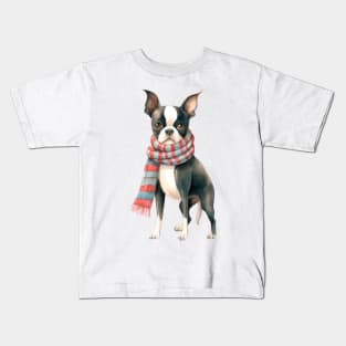 Boston terrier winter dog Kids T-Shirt